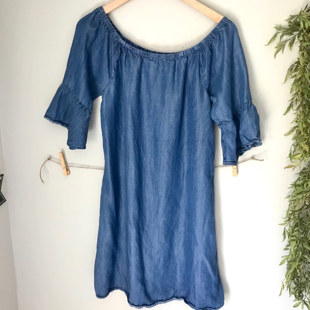 Philosophy Chambray Bell Sleeve Off Shoulder Dress